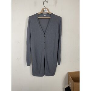 J Jill Womens Cardigan Large Gray Linen Blend Minimal Long Beachy Coastal Button